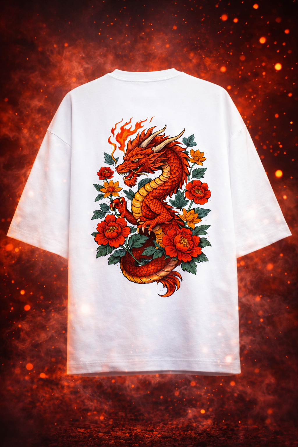 Anime Dragon with Roses | Unisex Terry Oversized T-shirt- White 260GSM