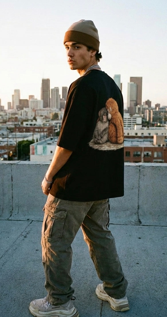 Punch Viral Monkey | Unisex Terry Oversized T-shirt - Black (260GSM)