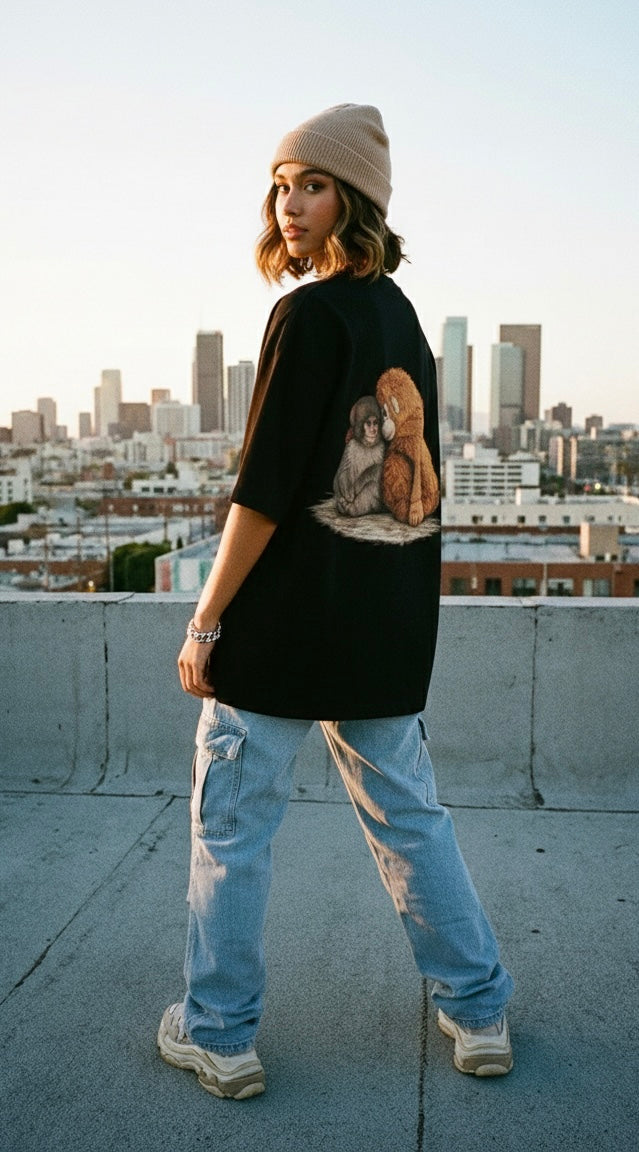 Punch Viral Monkey | Unisex Terry Oversized T-shirt - Black (260GSM)