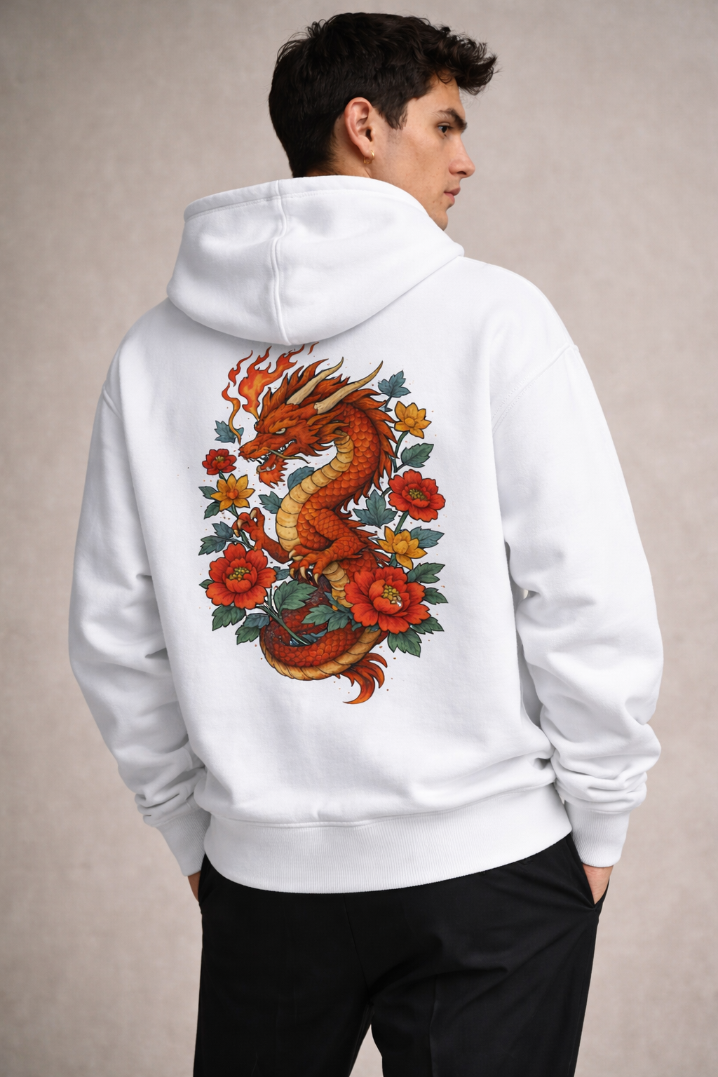 Anime Dragon with Roses | Printed Unisex Oversized Hoodie- White 400GSM