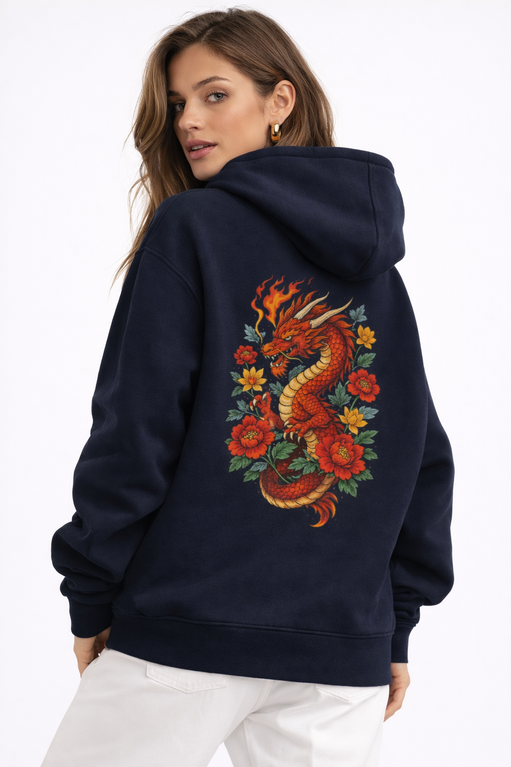 Anime Dragon with Roses | Printed Unisex Oversized Hoodie- Navy Blue 400GSM