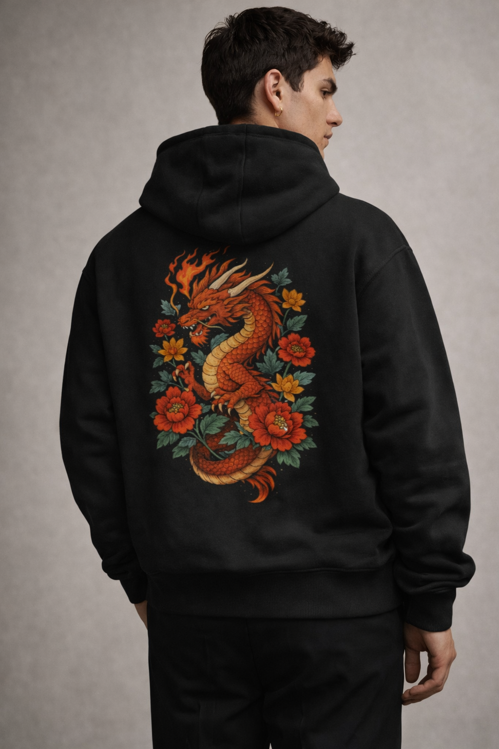 Anime Dragon with Roses | Printed Unisex Oversized Hoodie- Black 400GSM