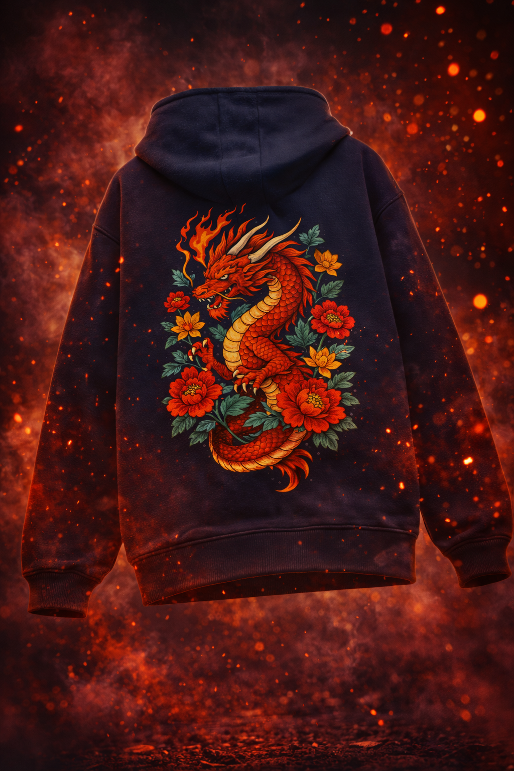 Anime Dragon with Roses | Printed Unisex Oversized Hoodie- Navy Blue 400GSM
