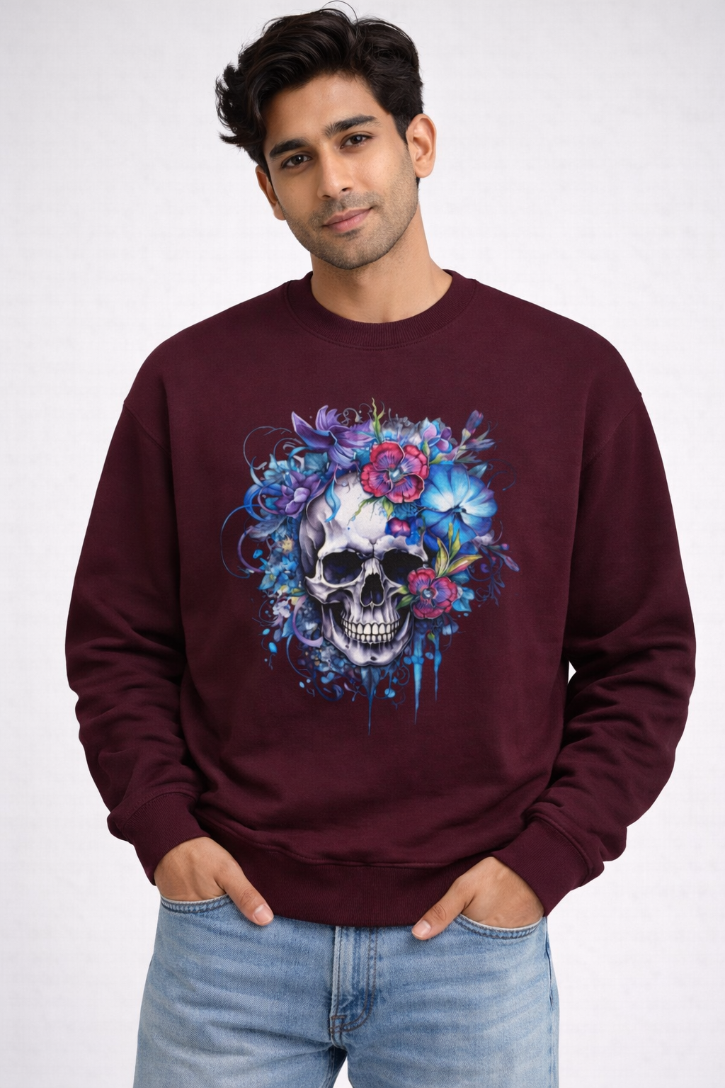 Aesthetic Skull Printed Unisex Oversized Sweatshirt- Maroon 400GSM
