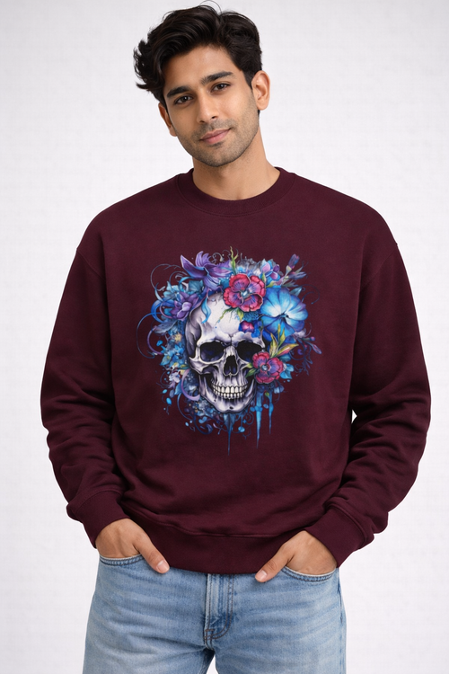 Aesthetic Skull Printed Unisex Oversized Sweatshirt- Maroon 400GSM