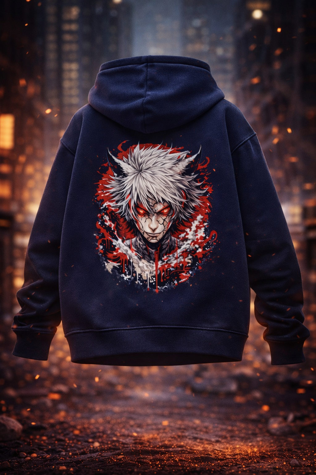 Anime Bloodbound Wolf | Printed Unisex Oversized Hoodie- Navy Blue 400GSM