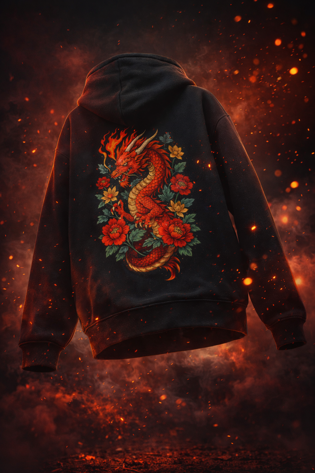 Anime Dragon with Roses | Printed Unisex Oversized Hoodie- Black 400GSM