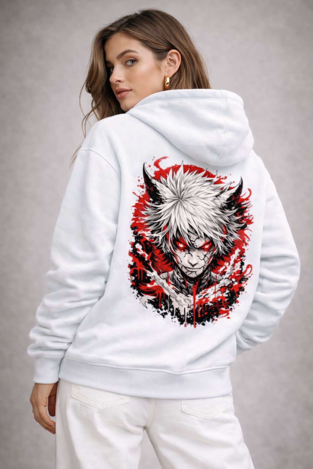 Anime Bloodbound Wolf | Printed Unisex Oversized Hoodie- White 400GSM