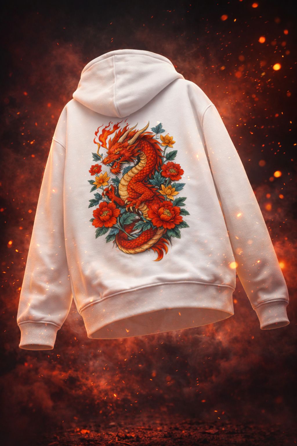 Anime Dragon with Roses | Printed Unisex Oversized Hoodie- White 400GSM